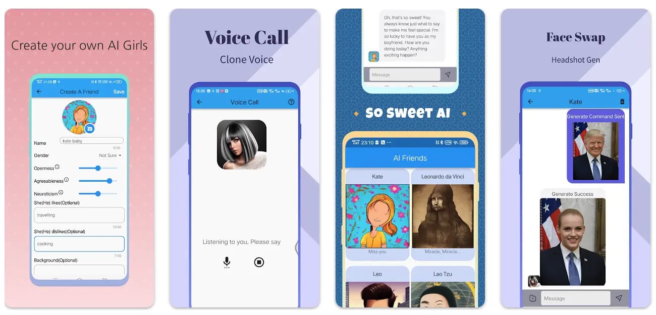 AI Friend Chat Mate app interface showing a character conversation